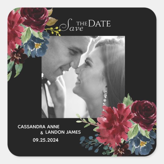 Blush Bourgundy Foto Floral Elegant Waterverf Squ Vierkante Sticker (Voorkant)