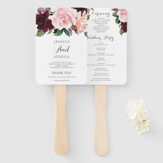 Blush Bourgundy Wedding Program Fan Handwaaier (Voorkant en achterkant)