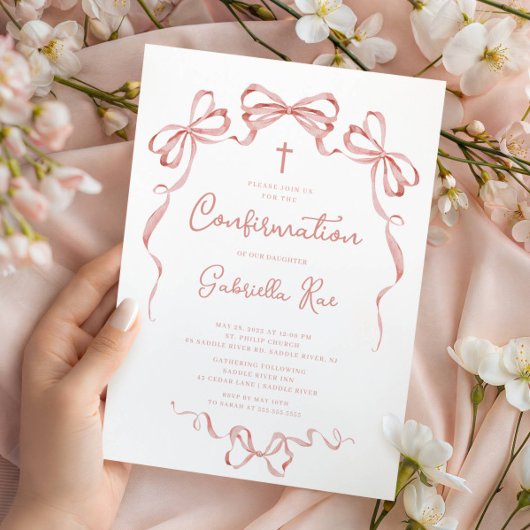 Blush Bow Confirmation Invitation Kaart