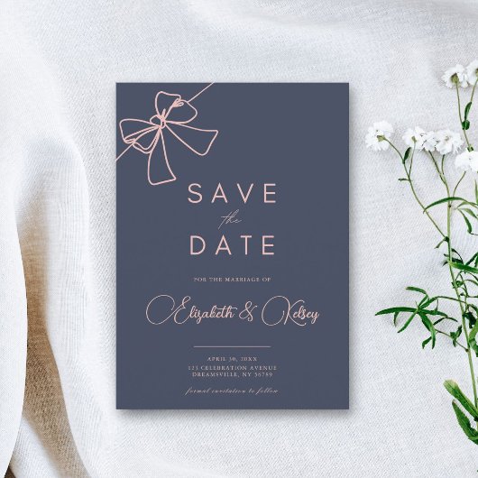 Blush Bow Elegance Chic Slate Blue bewaar de datum Save The Date