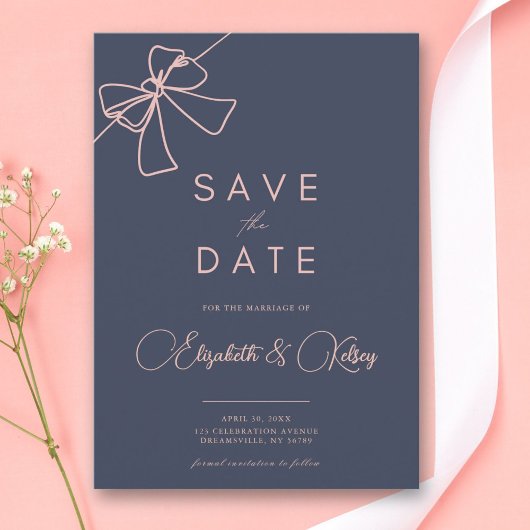 Blush Bow Elegance Chic Slate Blue bewaar de datum Save The Date