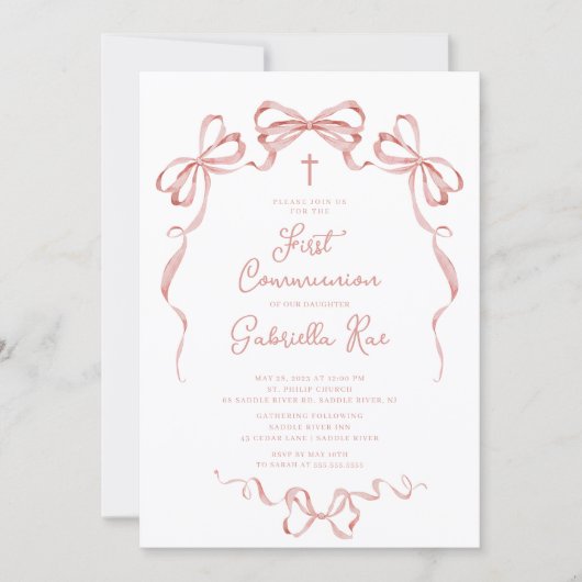 Blush Bow First Communion Invitation Kaart (Voorkant)
