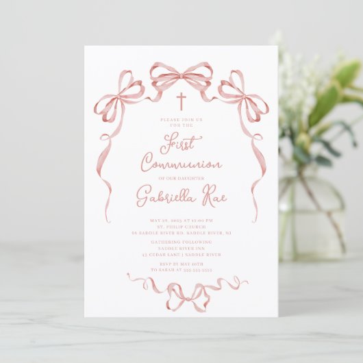 Blush Bow First Communion Invitation Kaart (Staand voorkant)