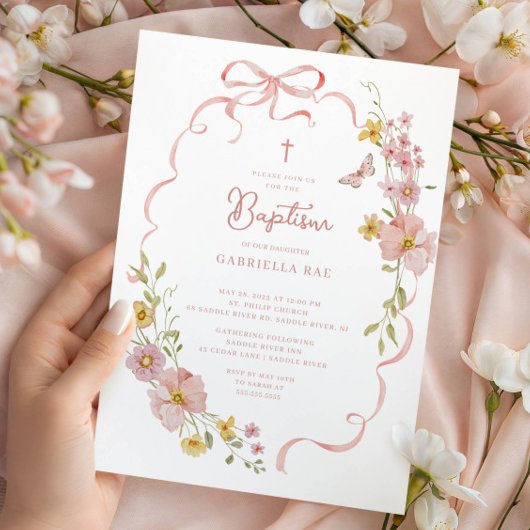 Blush Bow Floral Baptism Kaart