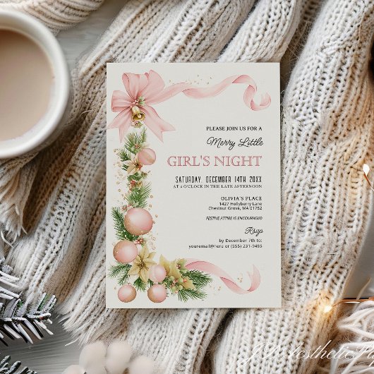 Blush Bow Ornament Christmas Party Invitation   Kaart