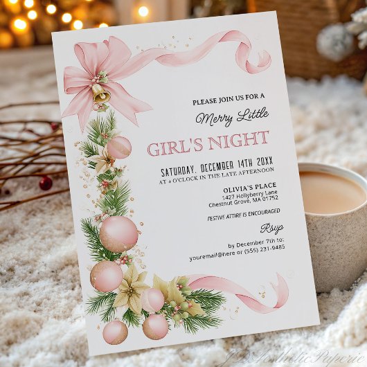 Blush Bow Ornament Christmas Party Invitation   Kaart