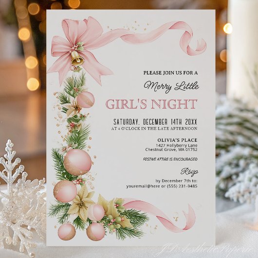 Blush Bow Ornament Christmas Party Invitation   Kaart