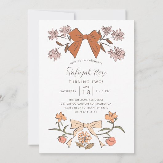 Blush Bows en Blossoms Girl Verjaardagsfeestje Kaart (Voorkant)