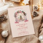 Blush Bows Kerstfeest Kaart<br><div class="desc">Blush bogen op een met sneeuw bedekte raam illustratie als een uitnodiging voor een kerstfeest</div>