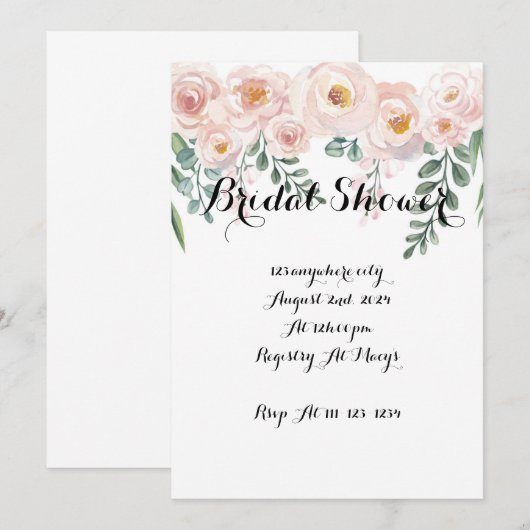 BLUSH BRIDAL DOUCHE UITNODIGING, VRIJGEZELLENFEEST KAART (Voorkant / Achterkant)