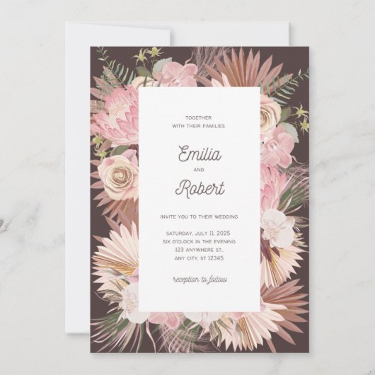 Blush Brown Bloemen Droge bladeren bruiloft uitnod Kaart (Voorkant)