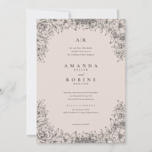 Blush & Brown Bloemen Huwelijksuitnodiging Kaart (Voorkant)