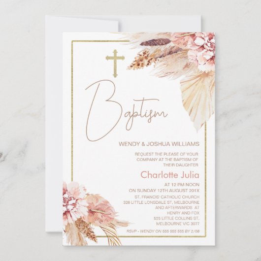 Blush Brown Boho Floral Baptism Uitnodiging (Voorkant)