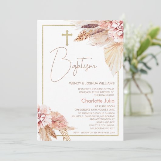 Blush Brown Boho Floral Baptism Uitnodiging (Staand voorkant)