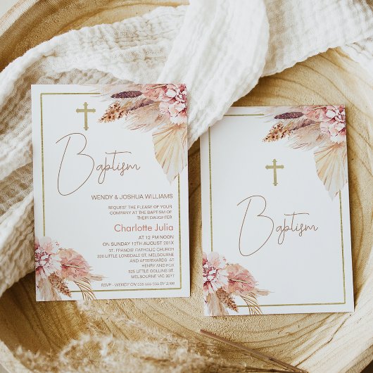 Blush Brown Boho Floral Baptism Uitnodiging