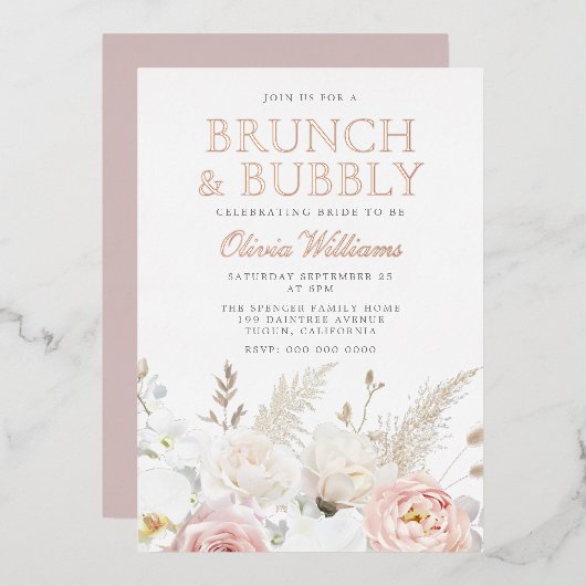 Blush Brunch & Bubbly Vrijgezellenfeest Roos Goud Folie Uitnodiging (Voorkant / Achterkant)