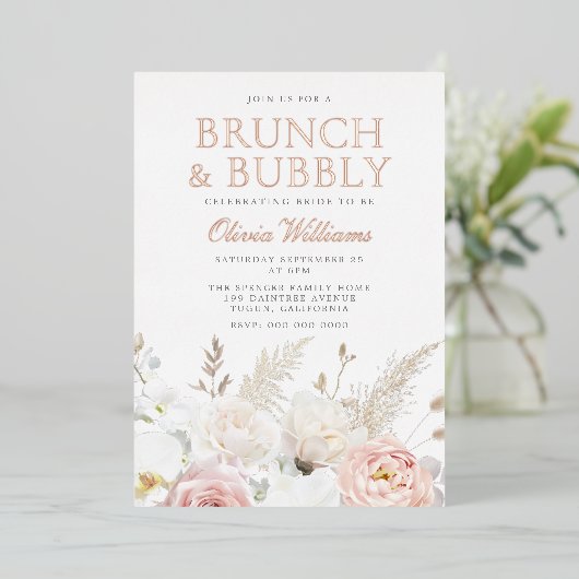Blush Brunch & Bubbly Vrijgezellenfeest Roos Goud Folie Uitnodiging (Staand Voorkant)