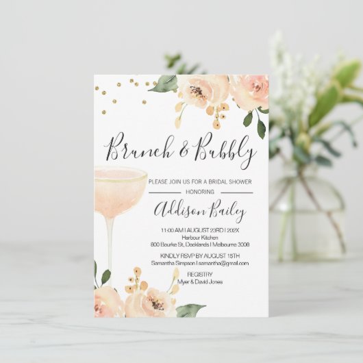 Blush Brunch Champagne Bridal Shower Invitation Kaart (Staand voorkant)