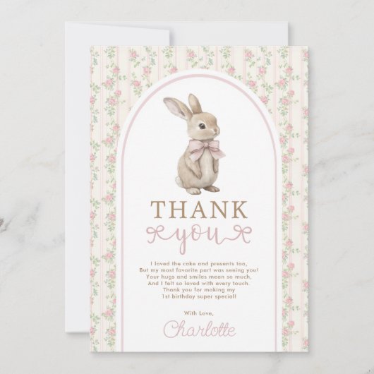 Blush  Bunny Pink Bow Verjaardagsmeisje Bedankkaart (Voorkant)