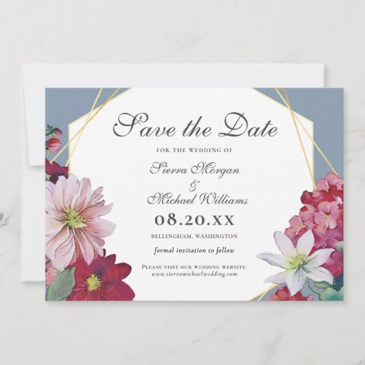 Blush Burgundy Bloem Goud Stof Blauw Bruiloft Save The Date (Voorkant)