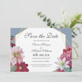 Blush Burgundy Bloem Goud Stof Blauw Bruiloft Save The Date (Staand voorkant)