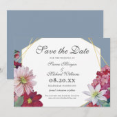 Blush Burgundy Bloem Goud Stof Blauw Bruiloft Save The Date (Voorkant / Achterkant)