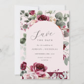 Blush & Burgundy Bloemen Roze Bruiloft Save The Date (Voorkant)