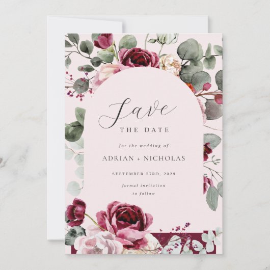 Blush & Burgundy Bloemen Roze Bruiloft Save The Date (Voorkant)