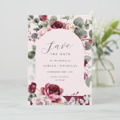 Blush & Burgundy Bloemen Roze Bruiloft Save The Date (Staand voorkant)