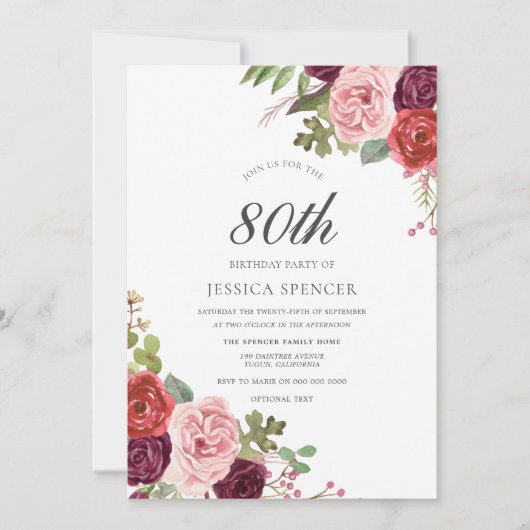 Blush & Burgundy Floral 80th Birthday Party Invite Kaart (Voorkant)
