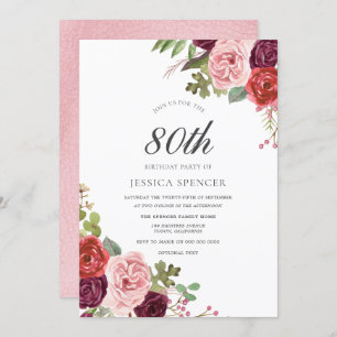 Blush & Burgundy Floral 80th Birthday Party Invite Kaart