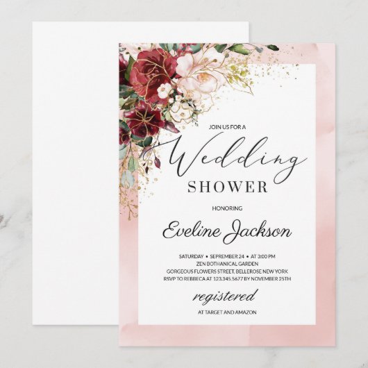 Blush Burgundy Floral Boho Wedding Shower Invite Kaart (Voorkant / Achterkant)