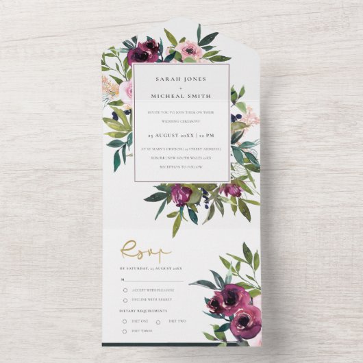 BLUSH BURGUNDY FLORAL BUNCH WATERVERF WEDING ALL ALL IN ONE UITNODIGING (Binnen)