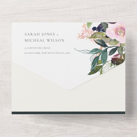 BLUSH BURGUNDY FLORAL BUNCH WATERVERF WEDING ALL ALL IN ONE UITNODIGING (Achterkant)