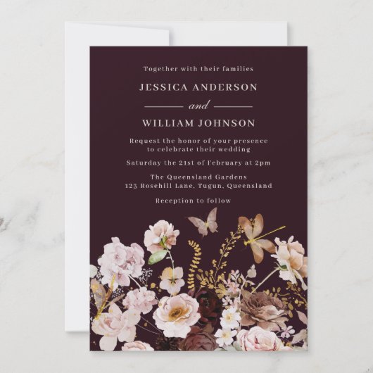 Blush & Burgundy Floral Butterflies Fall Wedding Kaart (Voorkant)