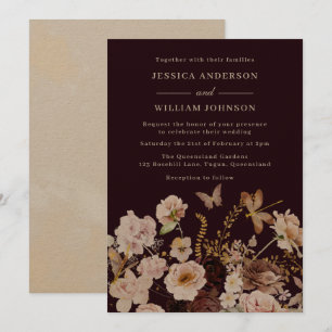 Blush & Burgundy Floral Butterflies Fall Wedding Kaart