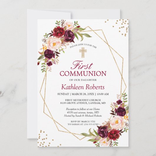 Blush Burgundy Floral Gold Lijst First Community Kaart (Voorkant)