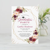 Blush Burgundy Floral Gold Lijst Graduparty Kaart (Staand voorkant)