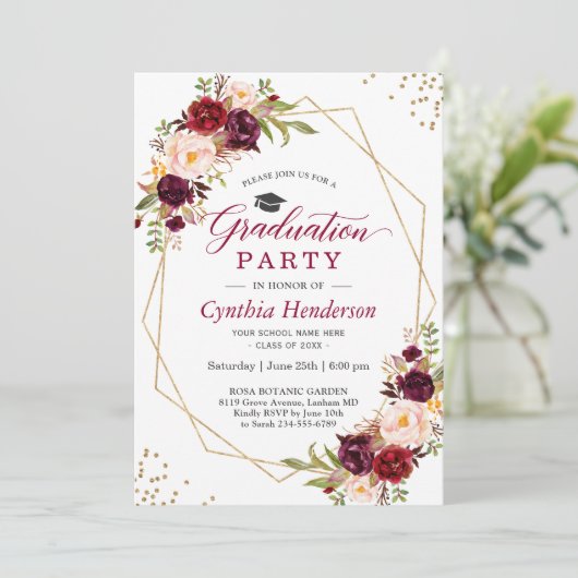 Blush Burgundy Floral Gold Lijst Graduparty Kaart (Staand voorkant)