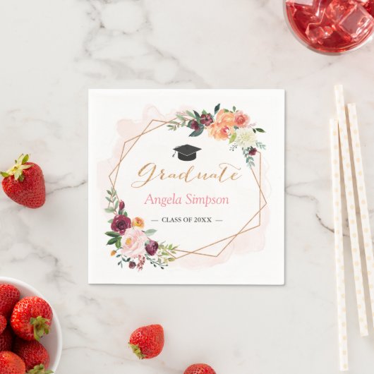 Blush Burgundy Floral Gold Lijst Graduparty Servetten (Insitu)