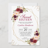 Blush Burgundy Floral Gold Lijst Sweet Sixteen 16 Kaart (Voorkant)