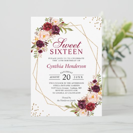 Blush Burgundy Floral Gold Lijst Sweet Sixteen 16 Kaart (Staand voorkant)