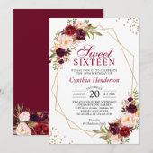 Blush Burgundy Floral Gold Lijst Sweet Sixteen 16 Kaart (Voorkant / Achterkant)