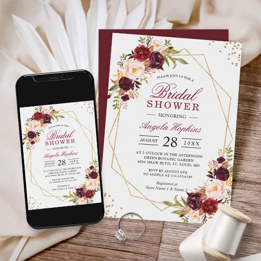 Blush Burgundy Floral Gold Lijst Vrijgezellenfeest Kaart