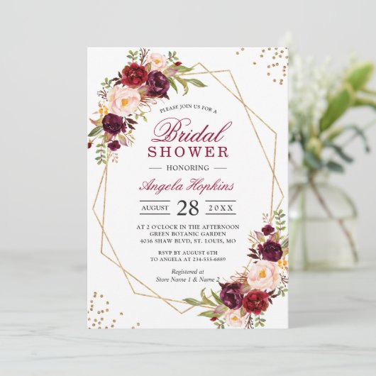 Blush Burgundy Floral Gold Lijst Vrijgezellenfeest Kaart (Staand voorkant)