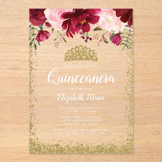 Blush Burgundy Floral Gold Tiara Quinceanera Acryl Uitnodigingen (Voorkant)