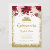 Blush Burgundy Floral Gold Tiara Quinceanera Kaart (Voorkant)
