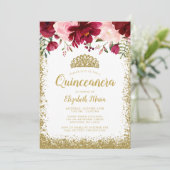 Blush Burgundy Floral Gold Tiara Quinceanera Kaart (Staand voorkant)