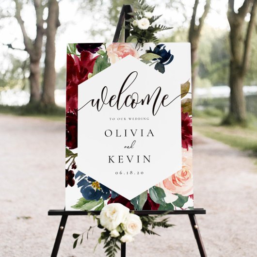 Blush & Burgundy Floral Lijst Weddenschap Welkomst Poster