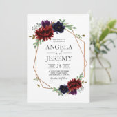 Blush Burgundy Floral Modern Gold Lijst Wedding Kaart (Staand voorkant)